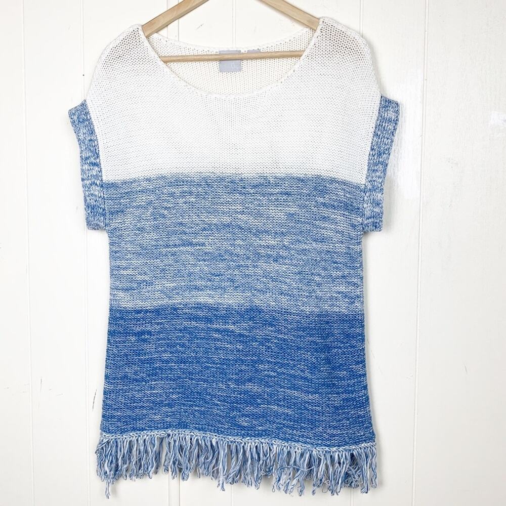OC Blue & White Colorblock Cotton Fringe Sleeveless Sweater Women’s Size…